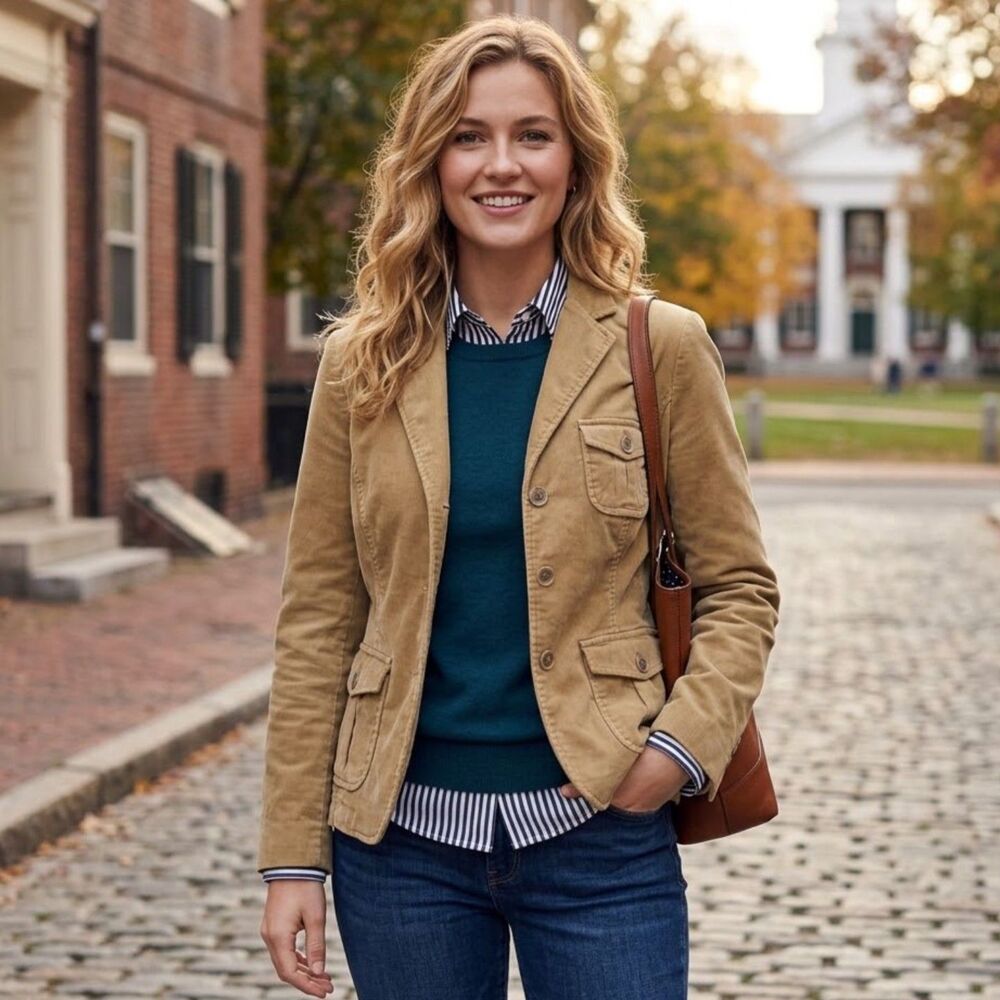 Lands End Corduroy Blazer Womens Sz 10 Camel Cargo Button Pockets Ivy League